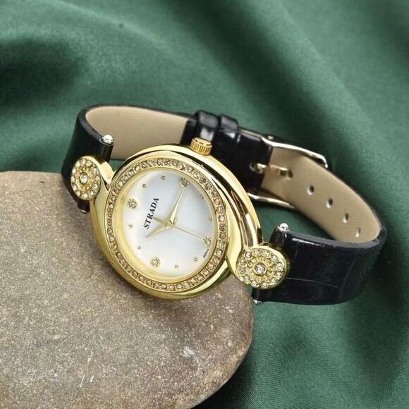 Strada Austrian Crystal Japanese Movement Watch with Black Faux Leather Strap - Picture 2 of 7